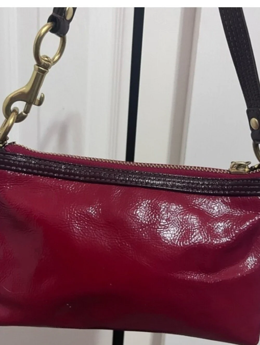 Coach Poppy Red Patent Wristlet with Brass Accents, Minor Callouts, Clean Inside